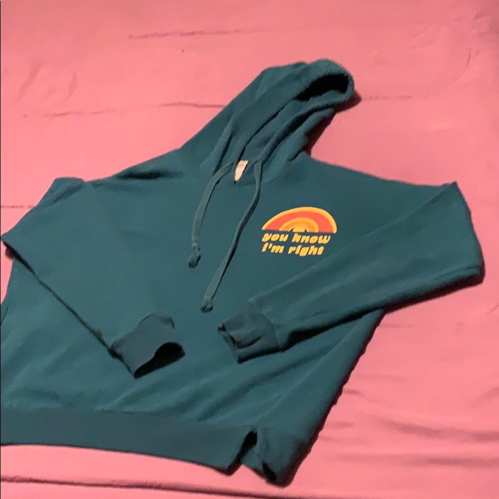 Aqua blue hoodie rainbow with yellow writing